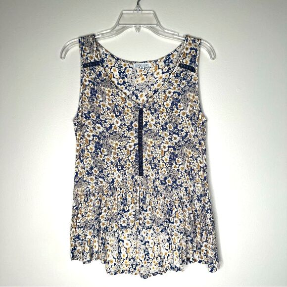 Patrons Of Peace Ditsy Floral Embroidered High Low Sleeveless Blue Gold Blouse - Picture 1 of 12